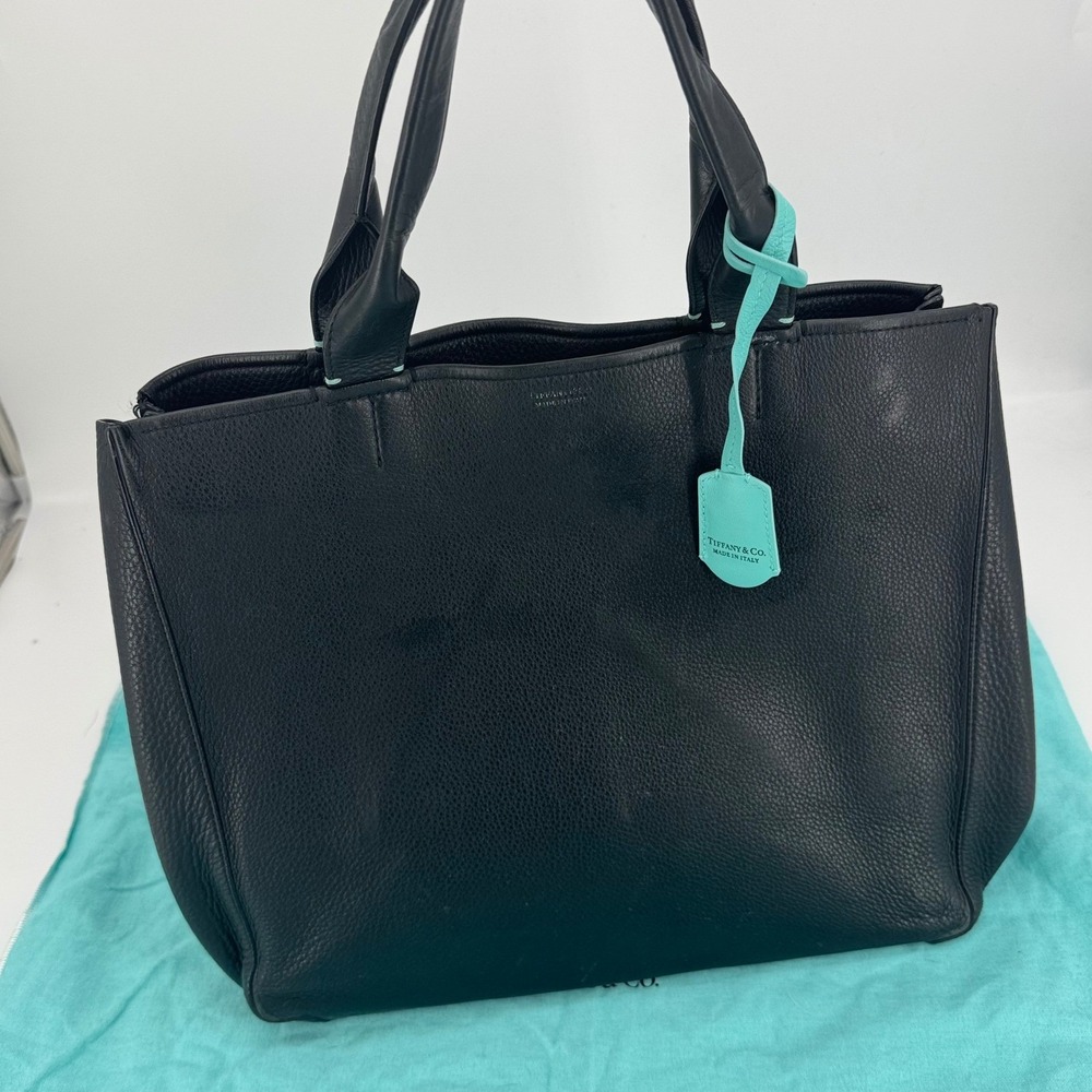 Tiffany & Co Black Pebbled Leather Tote Bag Tiffany Blue Accents Made in Italy